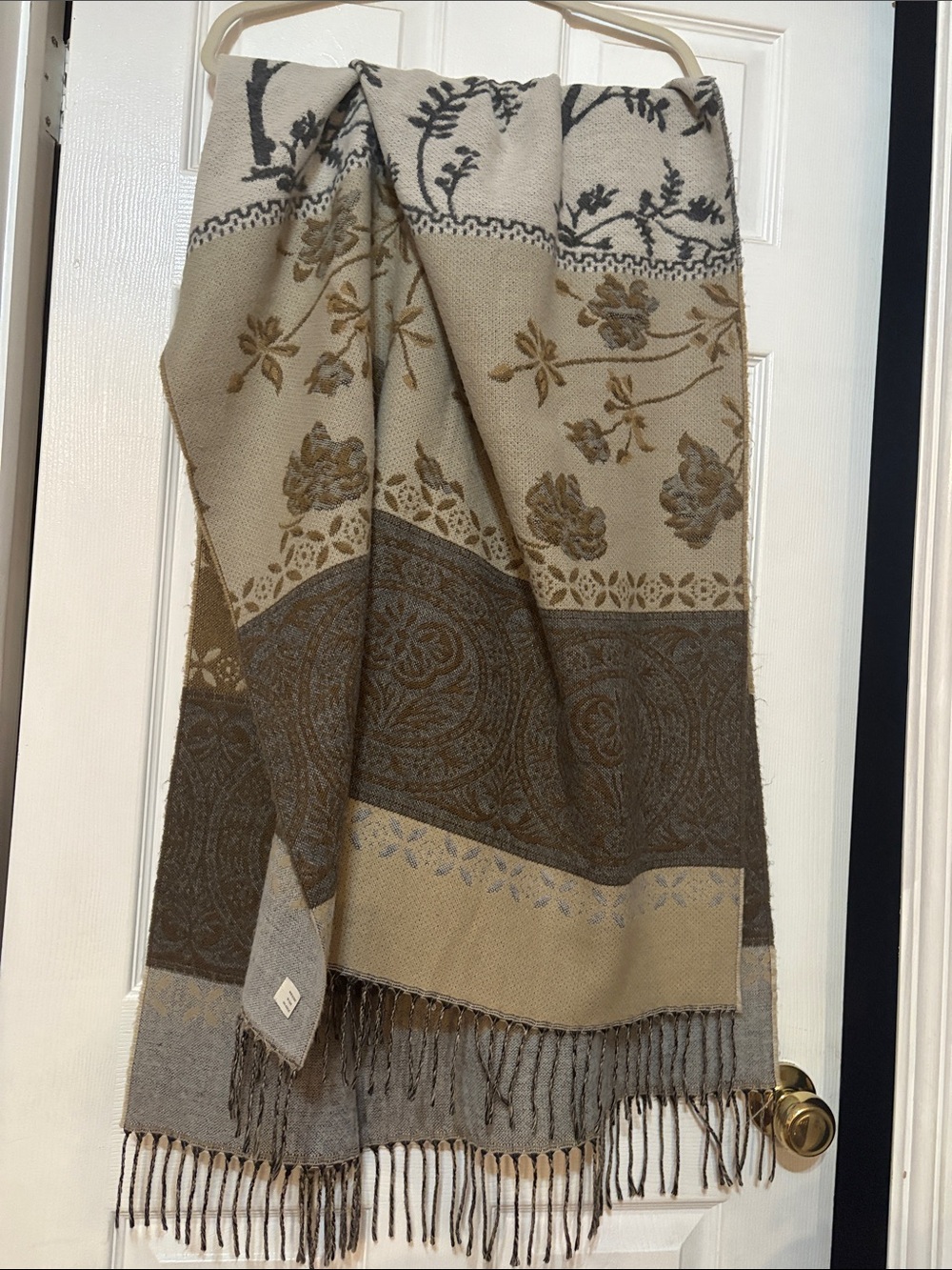 Italian Soft Winter Floral Woven Wrap Scarf - Gray, Beige & Brown